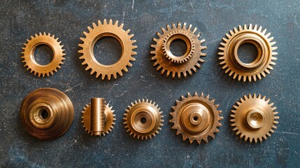Gears of different sizes arranged in a symmetrical pattern.