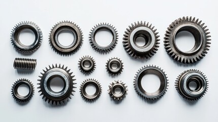 Gears of different sizes arranged in a symmetrical pattern.