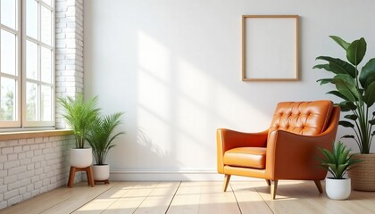 Leather Armchair with Framed Wall Mocup Against White Wall Warm-Toned Living Room Ideal for Showcasing Interior Wall Décor and Home Design