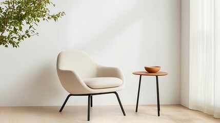 interior minimal midcentury. Cozy chair and table in a minimalist interior setting.