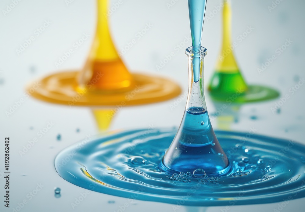 Poster colorful science experiment with glass laboratory equipment pouring vivid liquids into water creatin