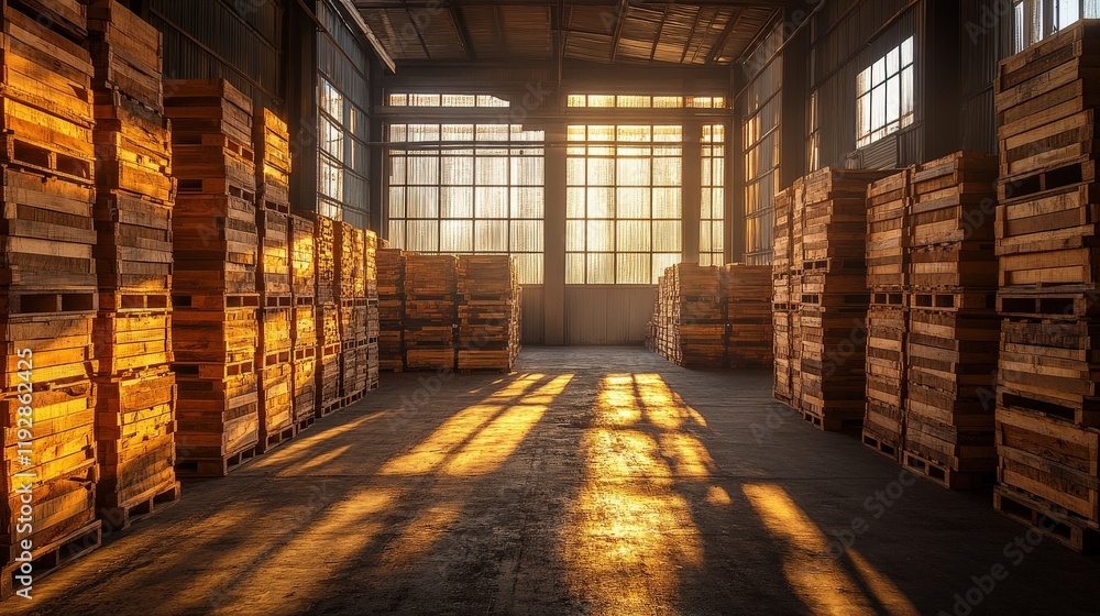Poster sunlight streaming through windows in a spacious warehouse filled with wooden pallets, creating a wa