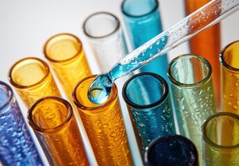 Colorful Test Tubes with Liquid Dropper in Laboratory Setting, Showcasing Science Experiment, Chemical Reaction, and Research Process in Bright, Vibrant Colors