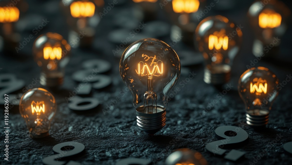Poster creative concept of illuminated lightbulbs on dark background with question marks representing ideas