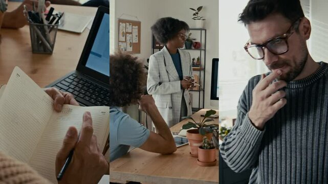 Split Screen of Black woman giving presentation, man taking notes in journal and dicussing documents with colleague in modern office