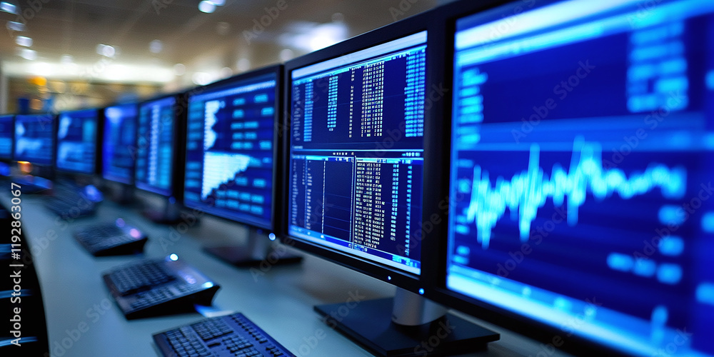 Poster trading room with multiple monitors displaying financial data and stock charts. the modern workspace
