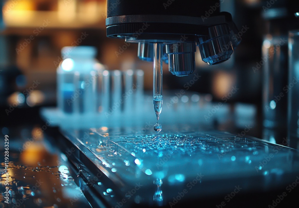 Poster detailed close-up of a microscope in a laboratory setting showcasing a droplet forming above a trans