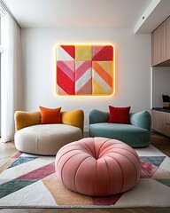 Dopamine Decor concept. A dopamine-style Playful Furniture and Artistic Wall Art, Modern Living Room with Vibrant Decor, Contemporary Interior with Bold Colors.