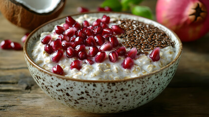 Nutritious Oatmeal Breakfast Bowl with Pomegranate and Flax Seeds