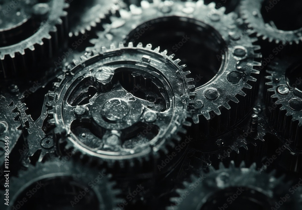 Poster detailed close-up of industrial gears and cogs arranged in a complex pattern, showcasing intricate m