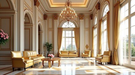 Fototapeta premium Opulent Interior of a Grand Palace Lavish Furnishings and Intricate Architectural Details Create a Luxurious and Regal Atmosphere of Aristocratic Elegance