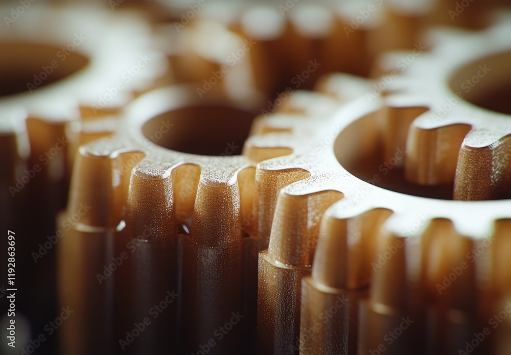 Poster detailed macro view of interlocking metal gears showcasing precision engineering and mechanical desi