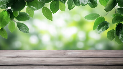 Natural mockup with wooden boards and forest background for product display