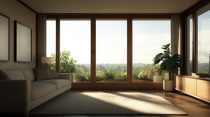 interior minimal midcentury. Modern living room with large windows and natural light.