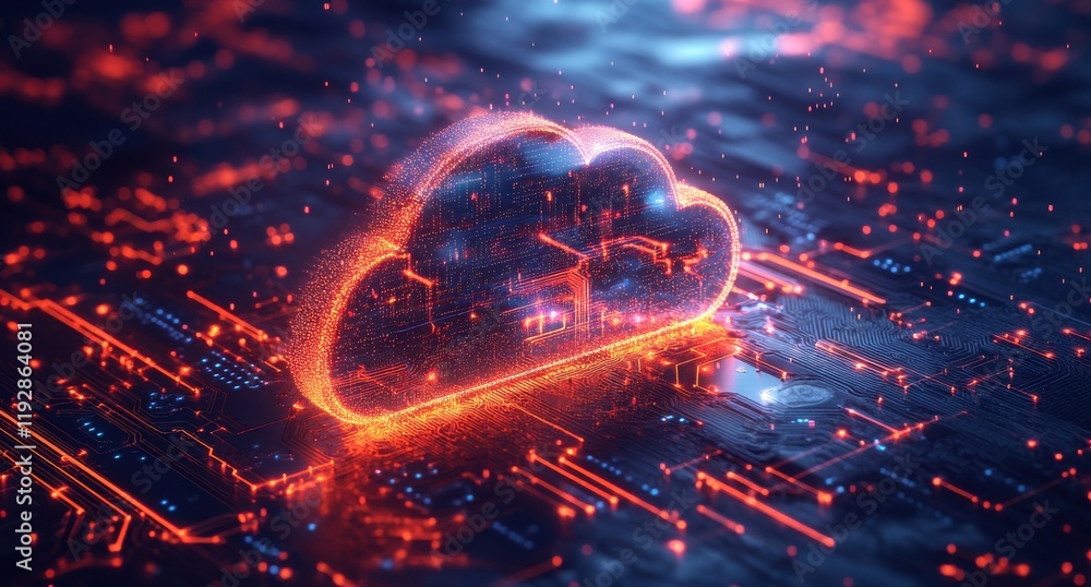 Poster digital cloud computing concept with glowing cloud symbol and abstract circuit board background repr