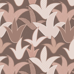 Abstract maximalist floral background with tan brown textured stylized plant leaves.