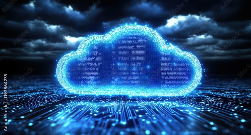 Poster digital cloud with blue lights and binary code representing data storage and technology surrounded b