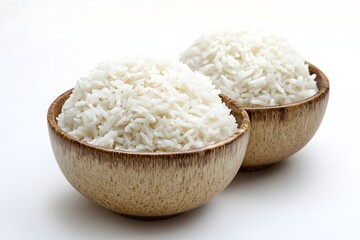 Cooked White Rice in Wooden Bowls, Delicious Dish