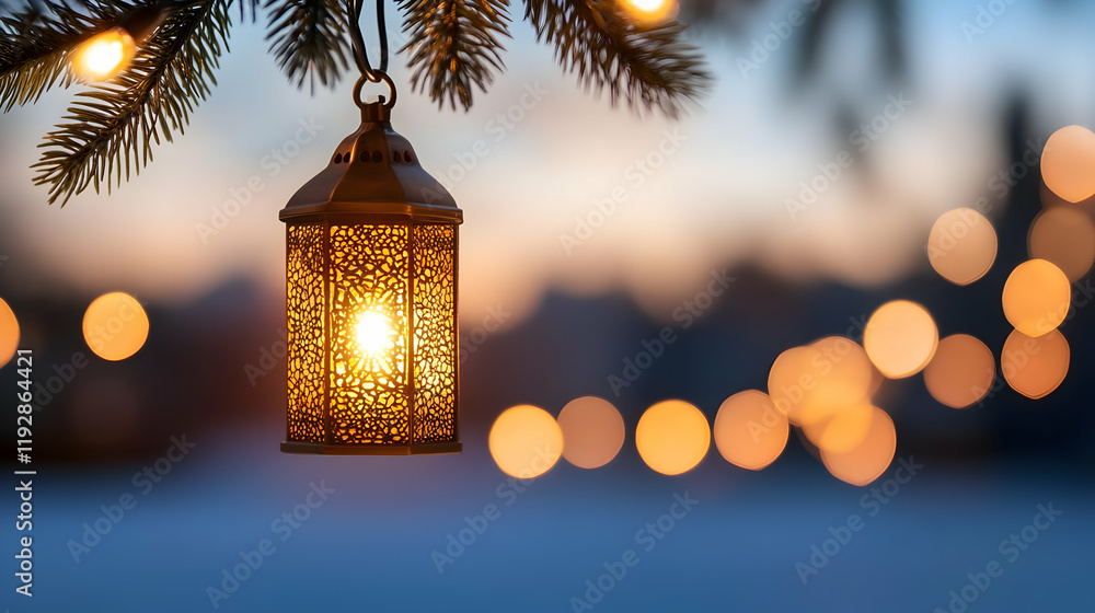 Poster illuminated lantern hanging from a pine branch at twilight, bokeh lights in snowy background; ideal 
