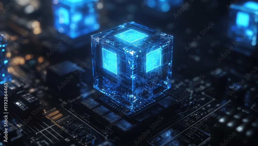 Poster digital technology background with glowing blue microchip structures on a circuit board, representin