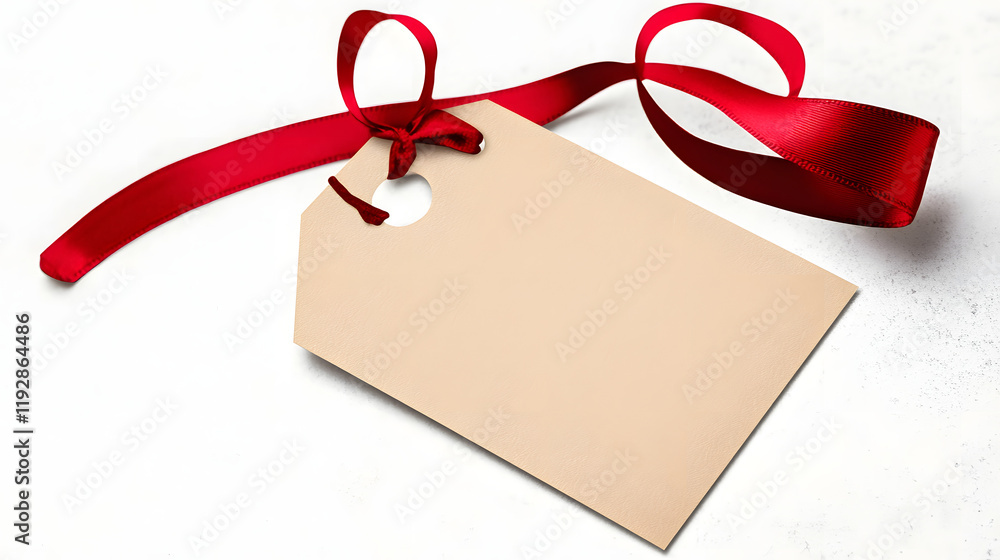 Poster plain gift tag with red ribbon front flat isolated transparent background photo png file