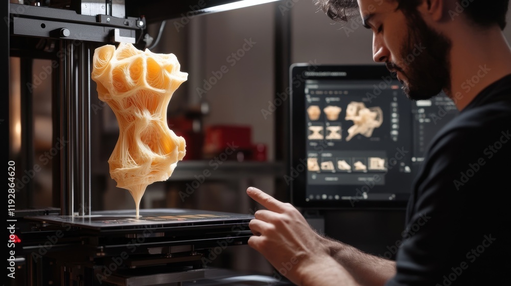Poster industrial designer monitoring a 3d printer as it fabricates an organic model, analyzing the process