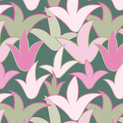 Abstract maximalist floral background with pink and green textured stylized plant leaves.