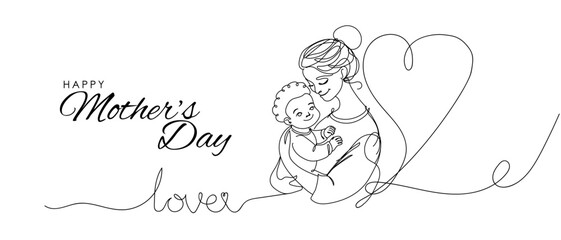 8 March card. Mother's day greeting invitation graphic design. Mother hug little children. Symbol of love and calligraphy text on white background. Continuous line art drawing vector illustration