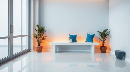 Sleek and Minimalist Interior with Light Blue Wall and Built-In Lighting Ideal for Versatile Presentations and Stock Photography
