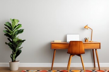 interior minimal midcentury. Modern home office with a wooden desk and potted plant.