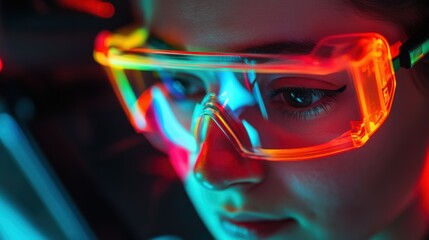 Close up of a scientist wearing illuminated safety glasses, conducting research in a vibrant, high tech laboratory environment, showcasing innovation and scientific exploration