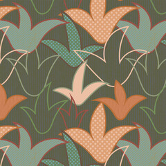 Abstract maximalist floral background with textured leaves and leaf outlines on brown and earthy greens.