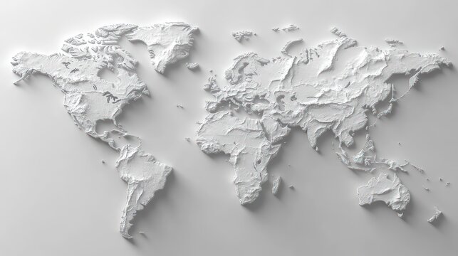 Fototapeta 3D embossed world map, textured relief, global geography.
