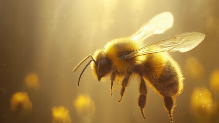 A close up shot of a fuzzy honey bee in golden sunlight with visible wings