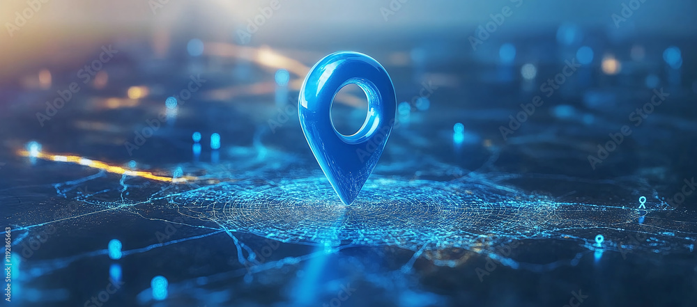 Poster futuristic blue glowing map pointer surrounded by a digital network, symbolizing location, gps techn