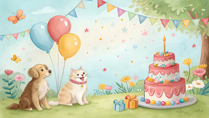 Obraz premium Watercolor pet day celebration background with cheerful colors featuring balloons and cake, pets enjoying the festivities against a vibrant backdrop