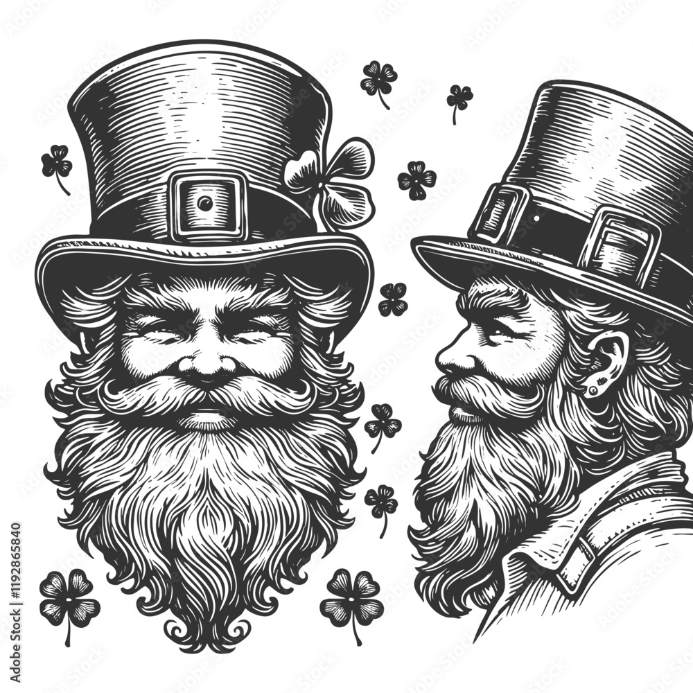 Poster leprechaun with a long beard, wearing a tall hat adorned with a shamrock symbol sketch engraving gen