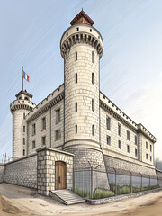 Fototapeta premium Architectural drawing of the historic Bastille prison showcasing its imposing structure and detailed features from the past