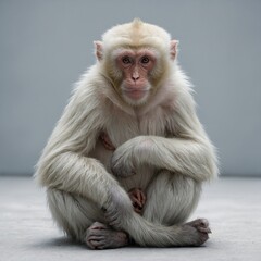 Fototapeta premium A white monkey sitting cross-legged, deep in thought against a serene white backdrop.