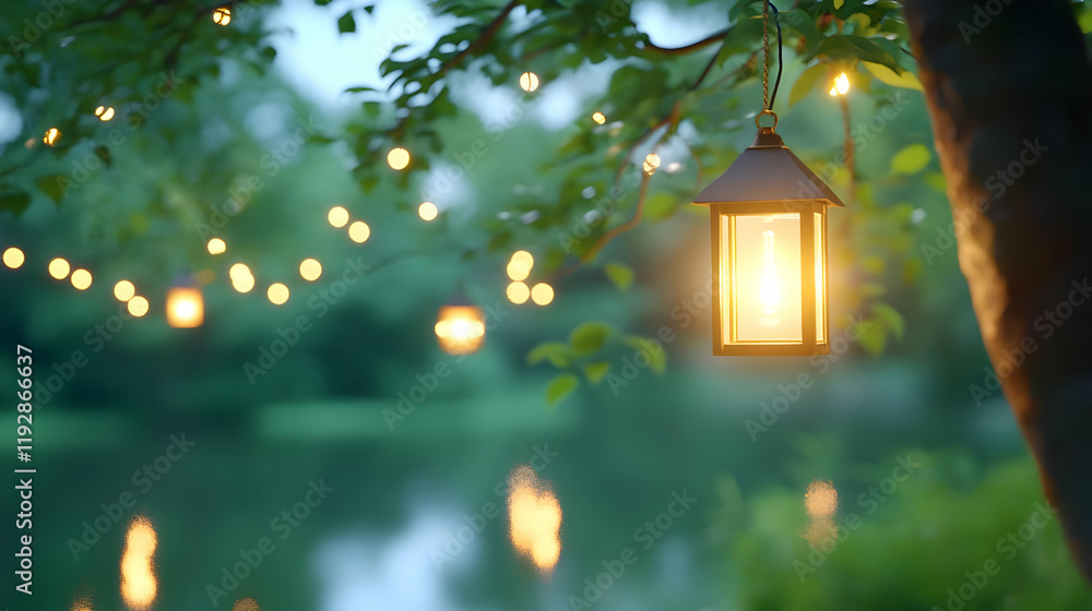 Poster illuminated lantern hanging from tree branch at dusk near calm lake, string lights glow softly in ba