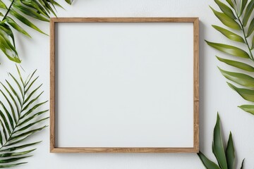 Naklejka premium Minimalist blank photo frame surrounded by lush green leaves in a fresh and natural setting. Generative AI