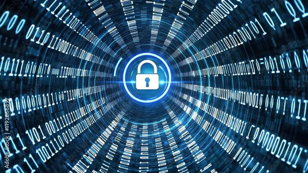 Poster cybersecurity lockdown: a glowing padlock icon, symbolising data security, shines brightly in the ce
