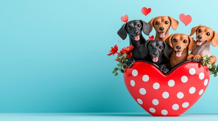 Naklejka premium Valentine Dachshund Dog delivery love concept. Playful Dogs in Heart Container with Flowers and Hearts