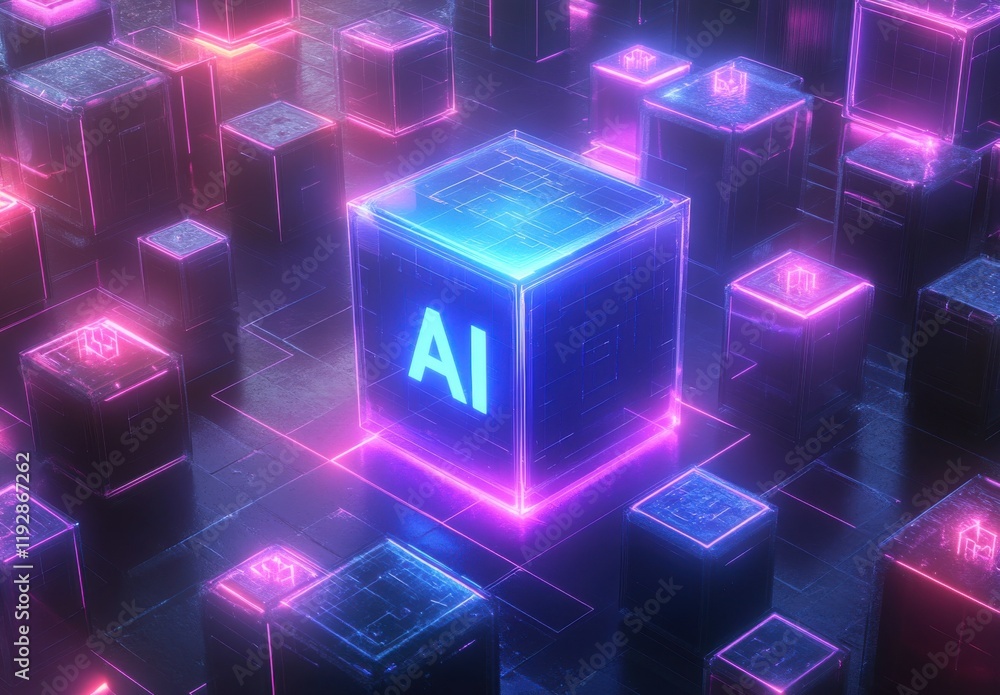 Poster futuristic abstract digital concept with glowing ai cube surrounded by multicolored neon blocks repr