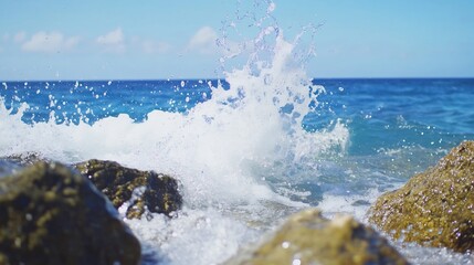 Obraz premium Ocean wave crashing on rocks, sunny day