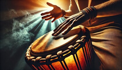 A man playing an ethnic percussion musical instrument jembe. Drummer playing african music.