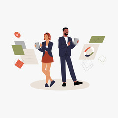 Business team using tablets for data analysis, flat vector illustration symbolizing teamwork, collaboration, and analytics, isolated on white background.