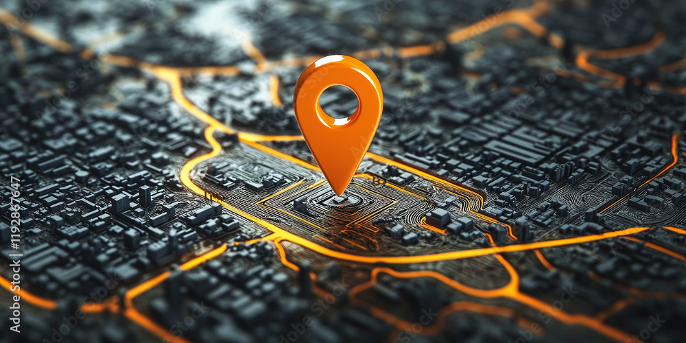 Poster 3d futuristic map with an orange location pin glowing over a detailed, high-tech, digital grid repre