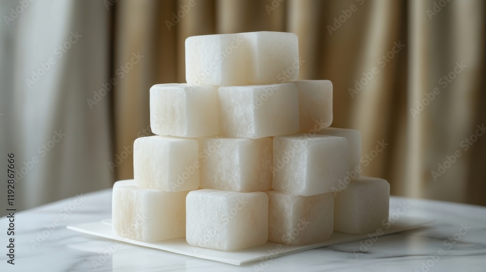 Poster a beautifully arranged stack of translucent white cubes on a marble surface creating a modern and el