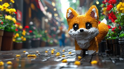 Adorable voxel fox on wet cobblestone street amidst flowers.